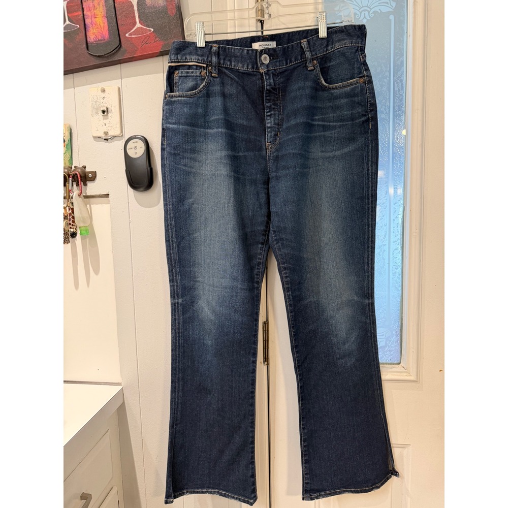 Moussy Vintage DarkWash Straight Leg Jeans with Side Slit Hem Distressed Details